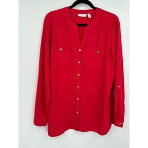 Susan Graver Split V-Neck Long Roll Tab Sleeve Button Blouse Top Red Size 12